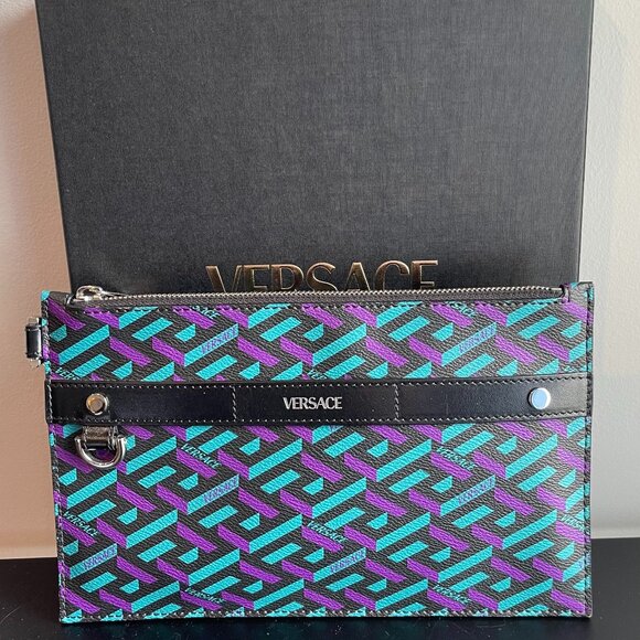 Versace La Greca Multicolor Coated Canvas Clutch/Wristlet - New